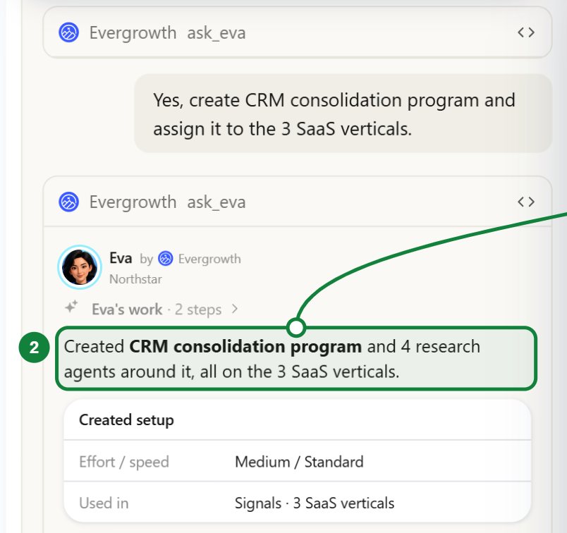 Eva in ChatGPT creating a CRM consolidation program agent and 4 research agents around it