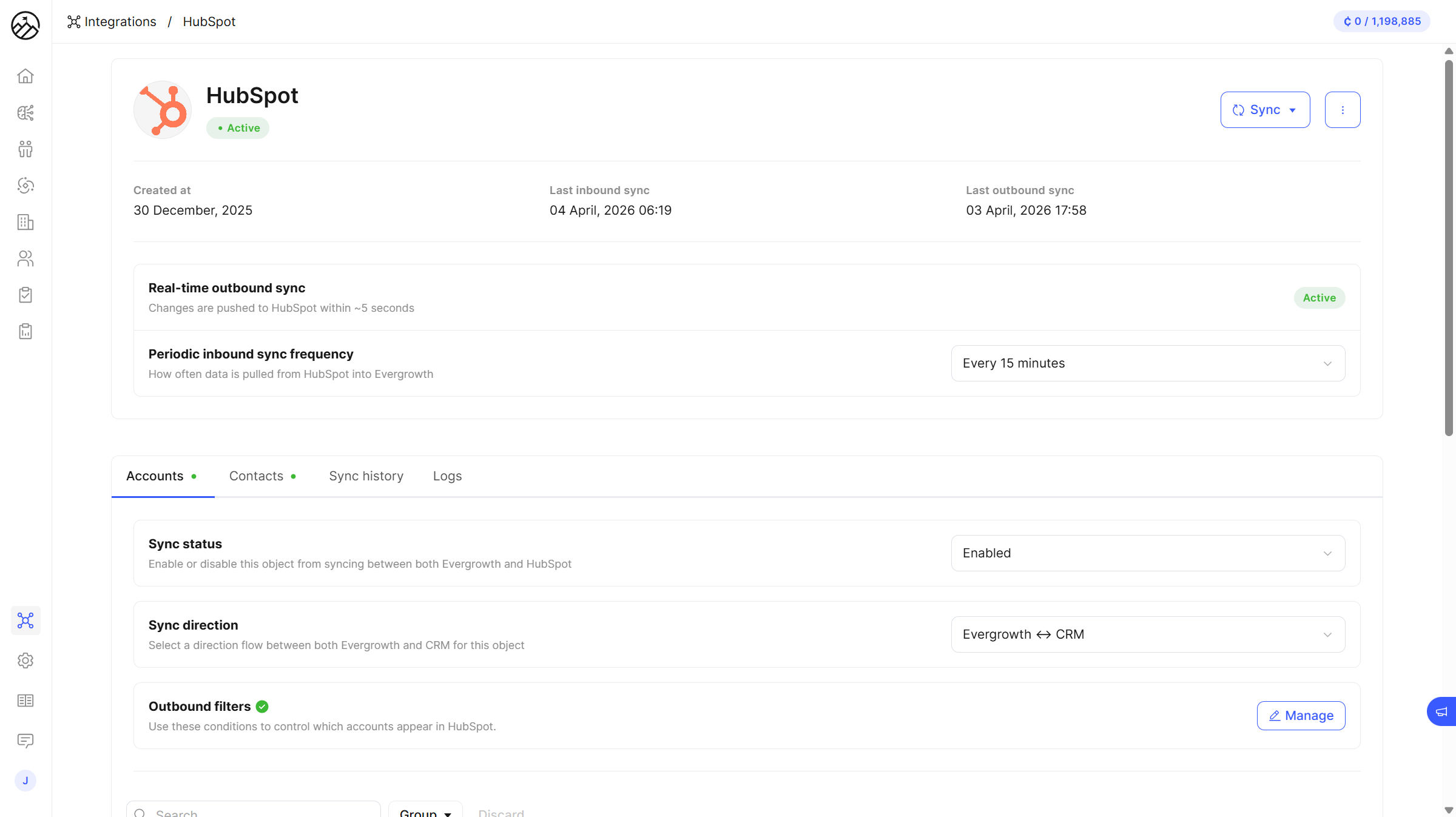 Evergrowth HubSpot integration field mapping with bidirectional sync controls