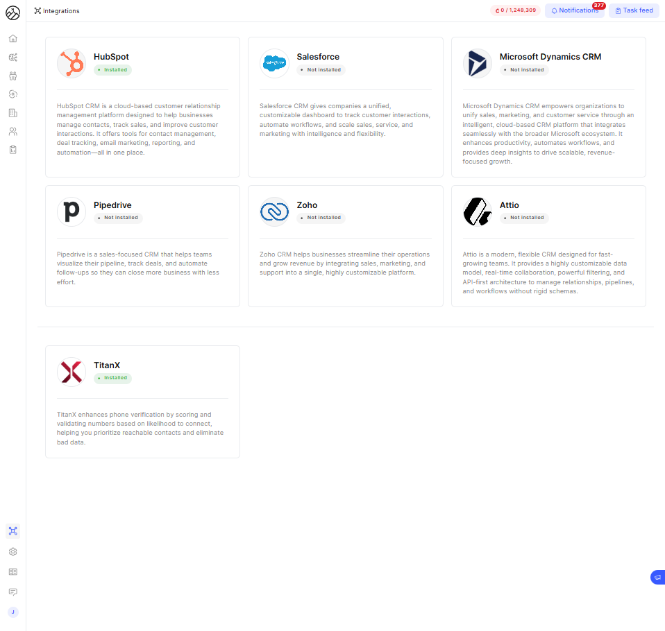 Evergrowth Integrations panel showing the TitanX card marked Installed alongside HubSpot, Salesforce, Microsoft Dynamics CRM, Pipedrive, Zoho, and Attio