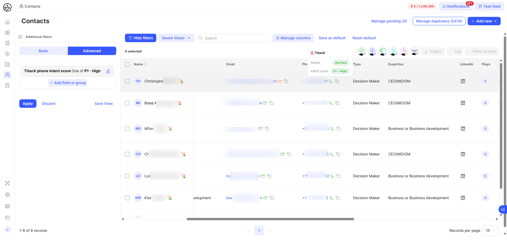 Contacts prospecting view filtered by TitanX phone intent score equals P1 - High, listing only verified, high-priority contacts