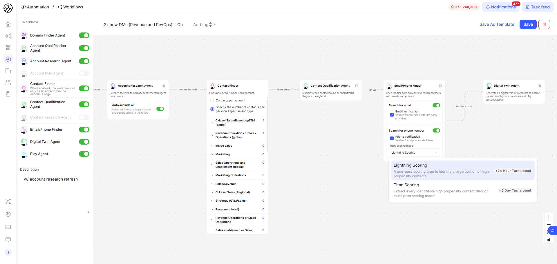 Workflow editor with the Search for phone number step open, showing the new Phone verification toggle and the Lightning Scoring vs Titan Scoring dropdown