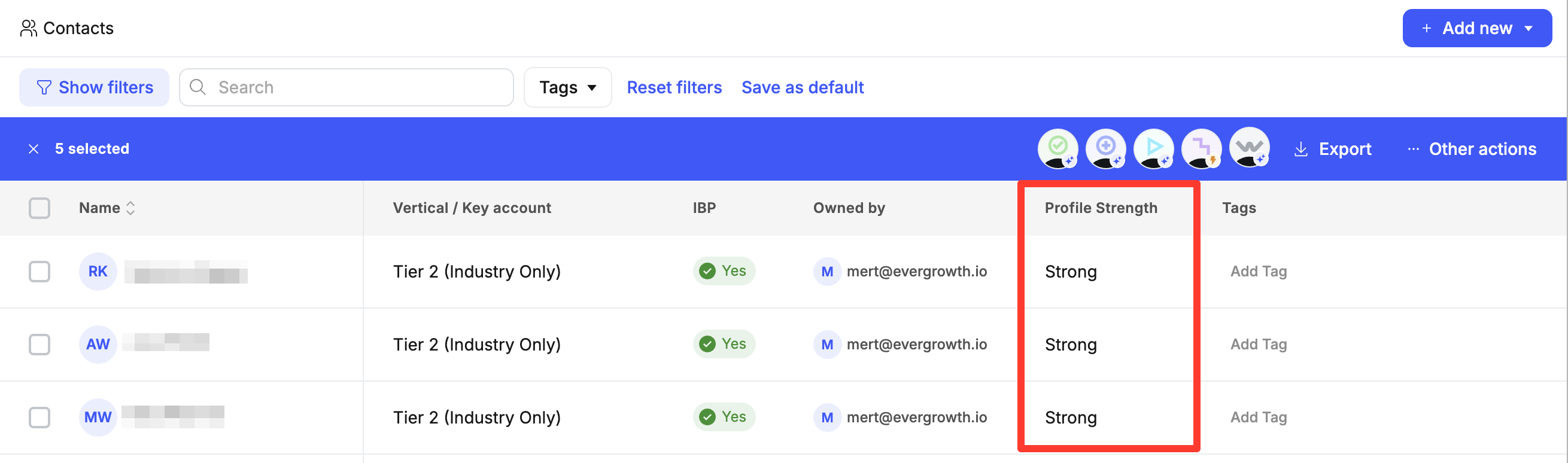Profile Strength column