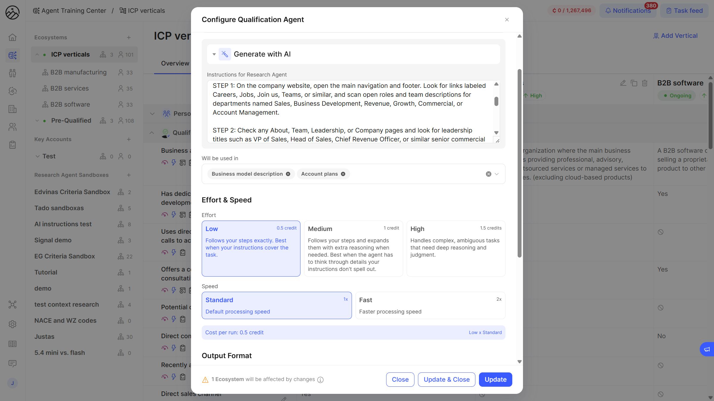 Agent Training Center modal showing the new Effort (Low, Medium, High) and Speed (Standard, Fast) controls with the live credit calculator