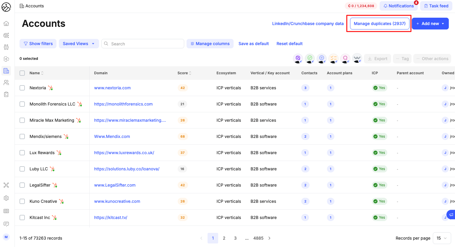 Accounts list with the Manage duplicates button highlighted in the top right, showing 2937 duplicate groups waiting to be reviewed