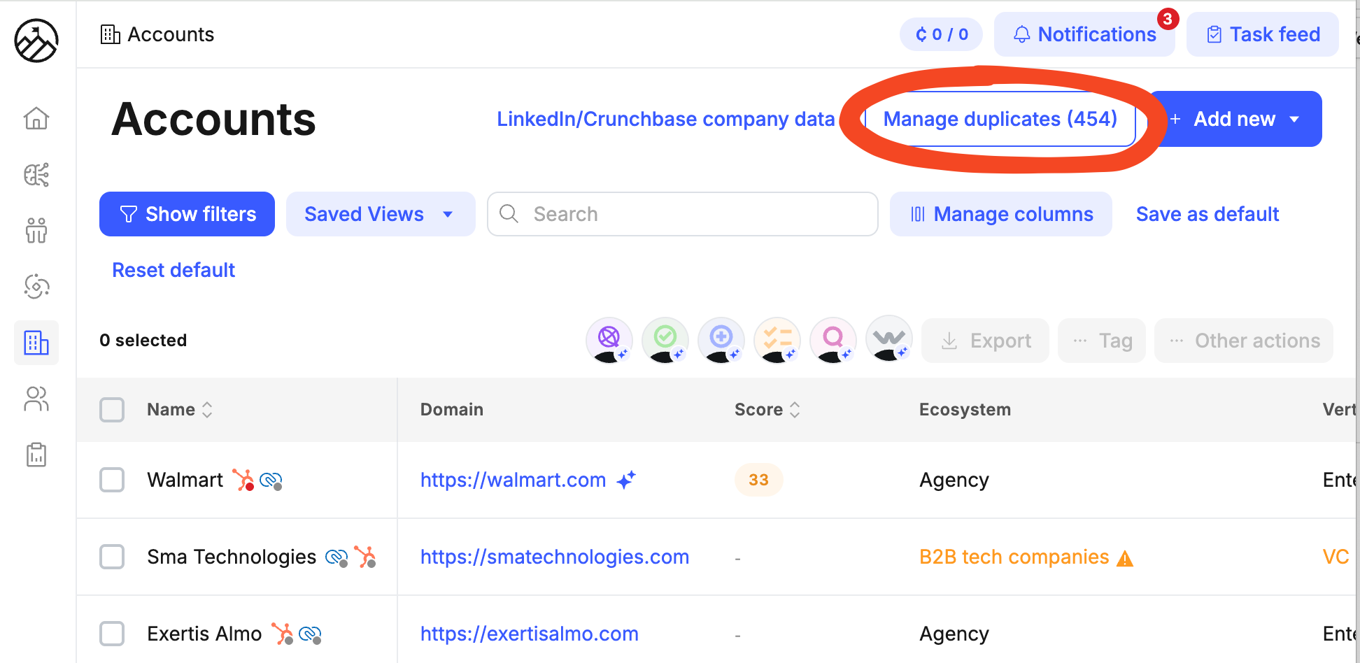 Manage Duplicates dashboard for Accounts, showing two grouped clusters of duplicate accounts ready to act on