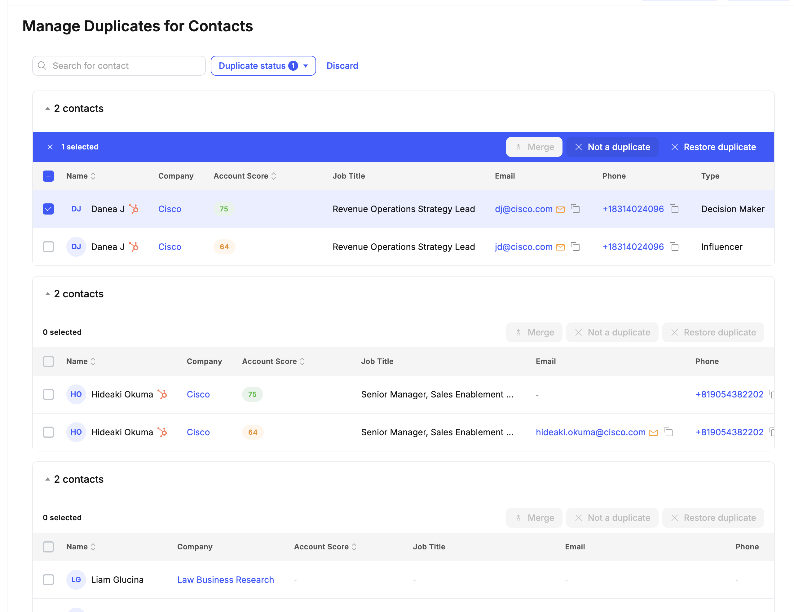 Manage Duplicates dashboard for Contacts, showing grouped duplicate contacts within the same account