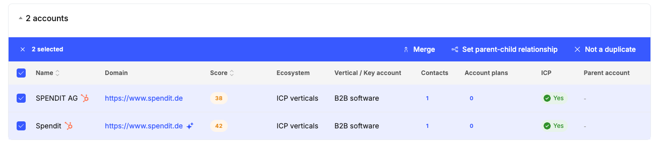 Action bar with two records selected inside a duplicate group, exposing Merge, Set parent-child relationship, and Not a duplicate