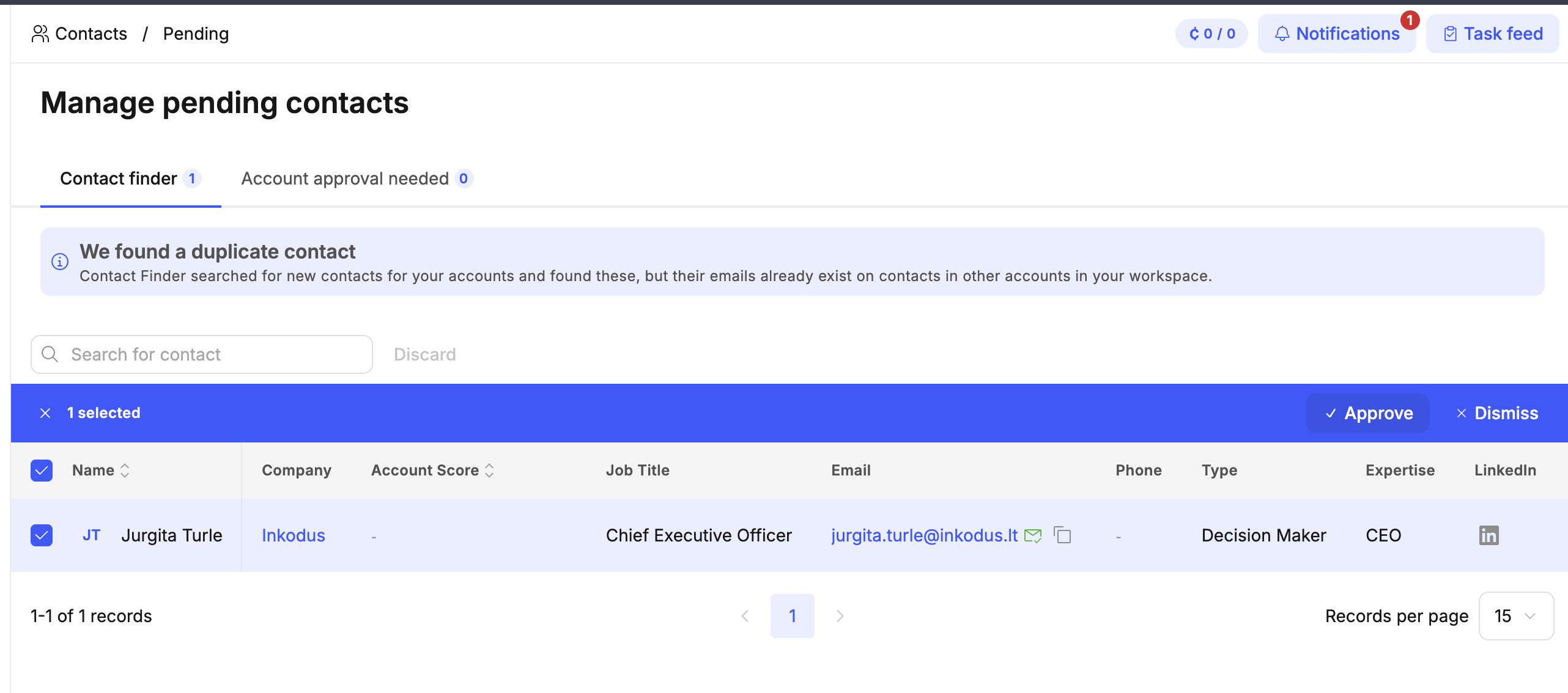 Manage pending contacts view with a duplicate found by Contact Finder, ready to approve or dismiss