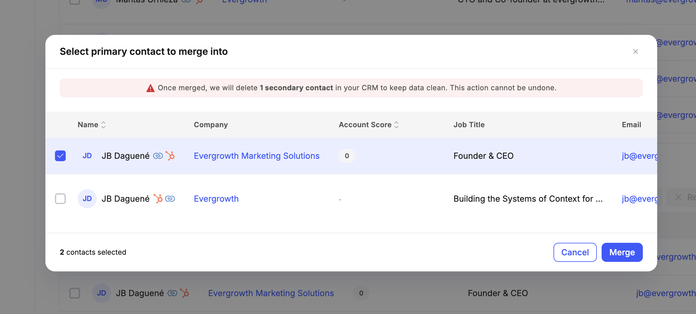 Account record showing a potential duplicates found banner at the top with a Review action