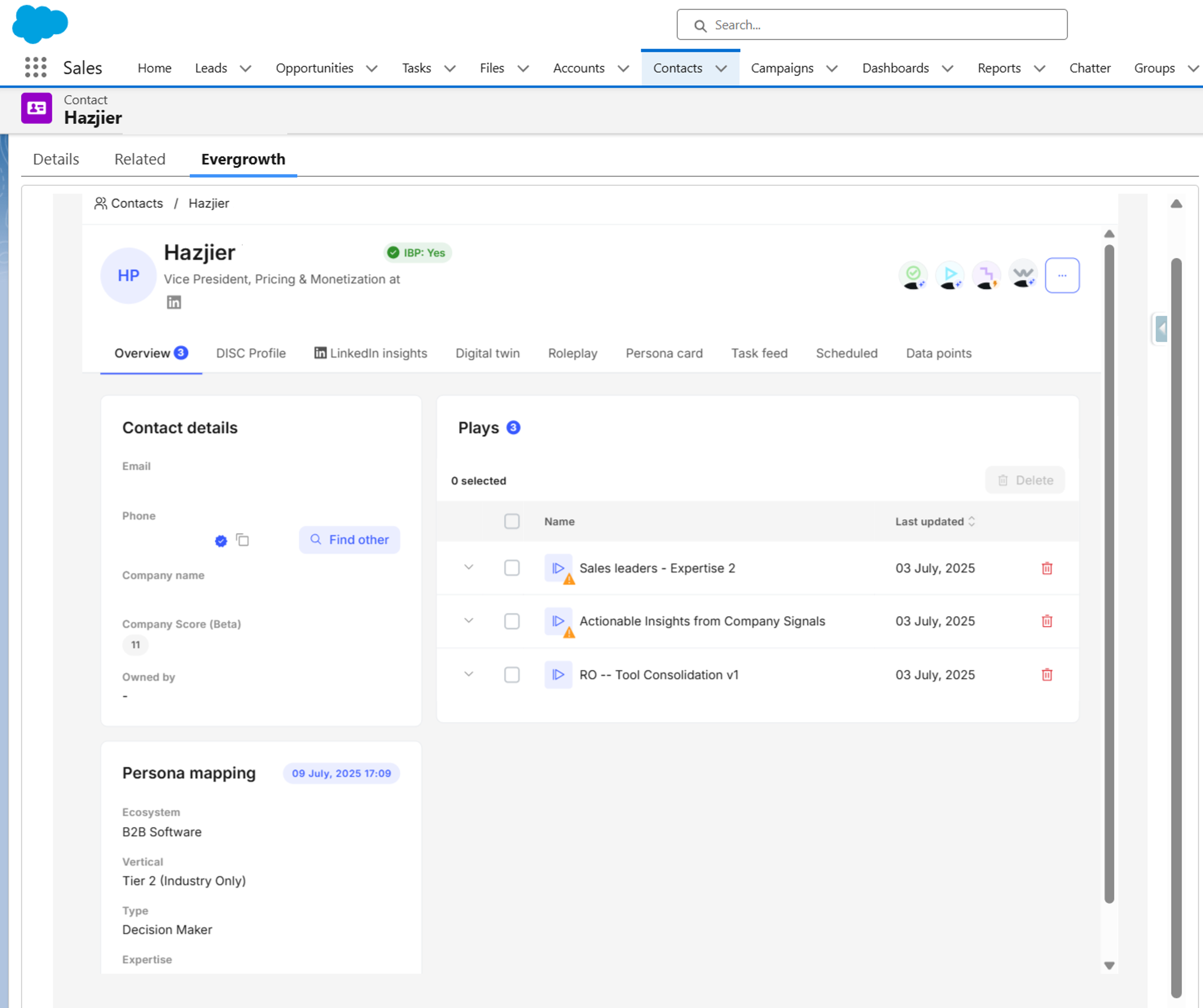 Evergrowth agent widget embedded inside Salesforce contact record